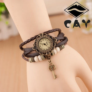 Wooden Beads and Little Key Charm Bracelet Wrist Watch Ladies