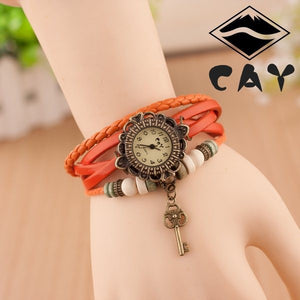 Wooden Beads and Little Key Charm Bracelet Wrist Watch Ladies