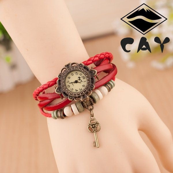 Wooden Beads and Little Key Charm Bracelet Wrist Watch Ladies