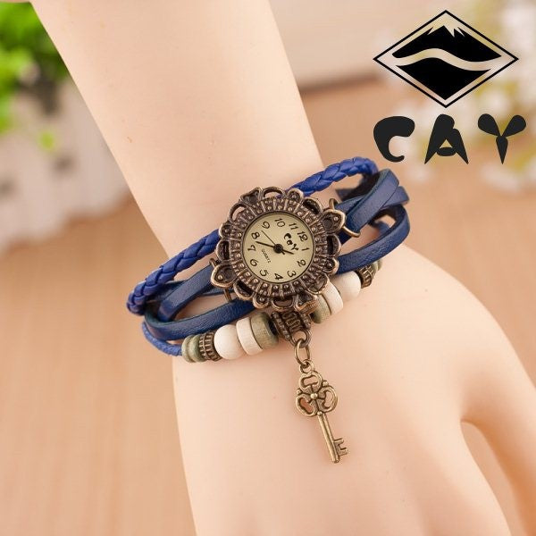 Wooden Beads and Little Key Charm Bracelet Wrist Watch Ladies