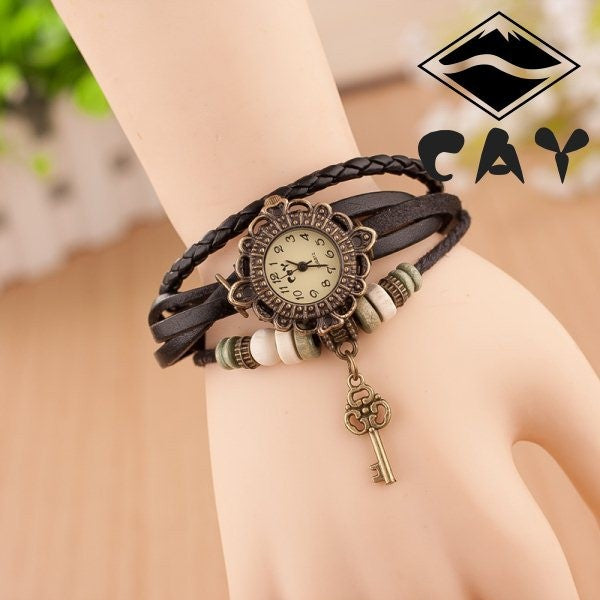 Wooden Beads and Little Key Charm Bracelet Wrist Watch Ladies