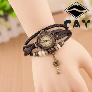 Wooden Beads and Little Key Charm Bracelet Wrist Watch Ladies