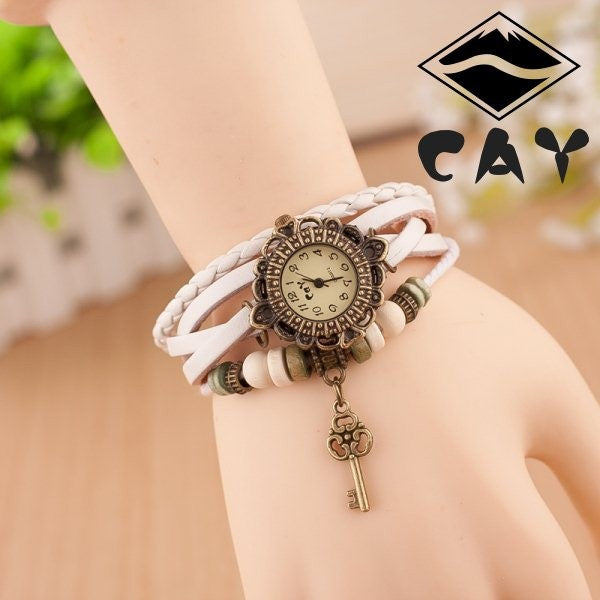 Wooden Beads and Little Key Charm Bracelet Wrist Watch Ladies