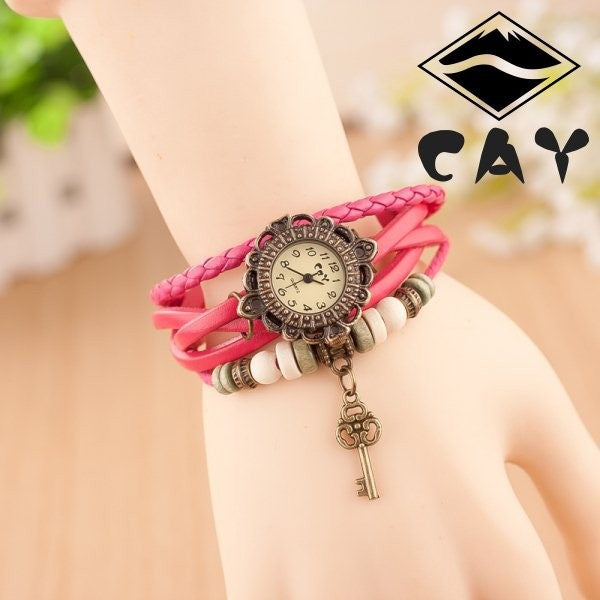 Wooden Beads and Little Key Charm Bracelet Wrist Watch Ladies