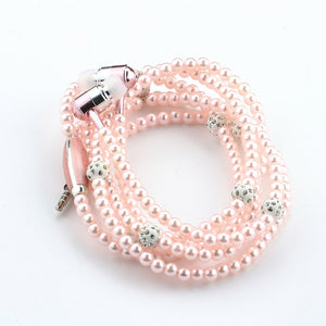 Rhinestone Jewelry Pearl Necklace Earphones With Microphone Earbuds