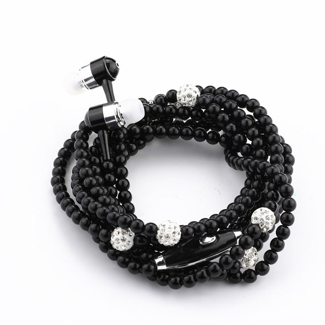 Rhinestone Jewelry Pearl Necklace Earphones With Microphone Earbuds