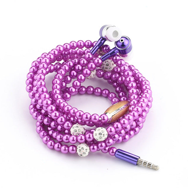 Rhinestone Jewelry Pearl Necklace Earphones With Microphone Earbuds