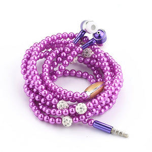 Rhinestone Jewelry Pearl Necklace Earphones With Microphone Earbuds