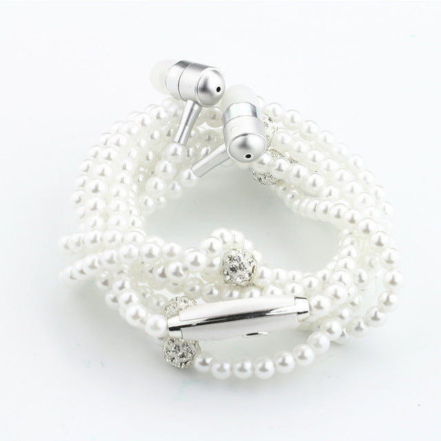 Rhinestone Jewelry Pearl Necklace Earphones With Microphone Earbuds