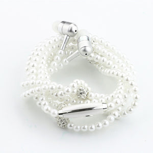 Rhinestone Jewelry Pearl Necklace Earphones With Microphone Earbuds