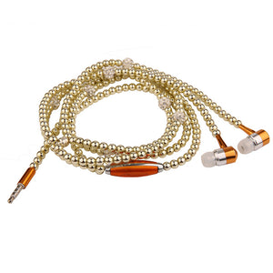 Rhinestone Jewelry Pearl Necklace Earphones With Microphone Earbuds