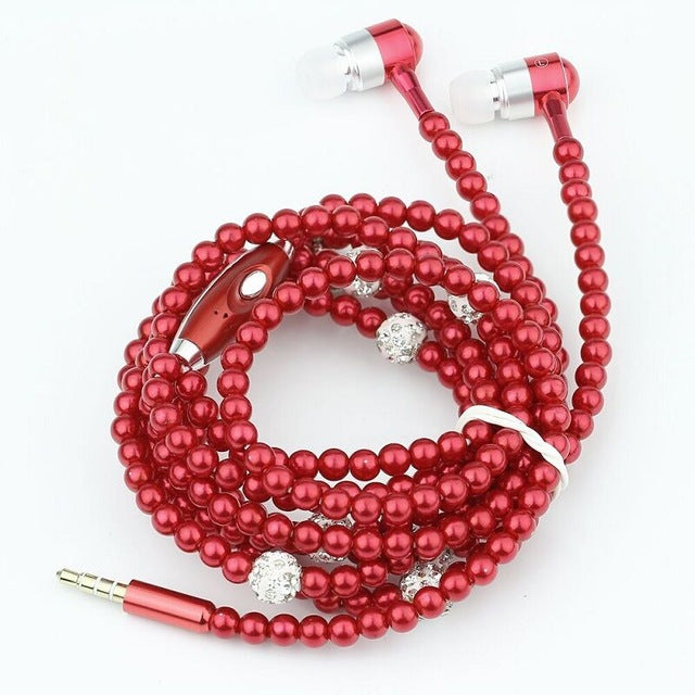 Rhinestone Jewelry Pearl Necklace Earphones With Microphone Earbuds