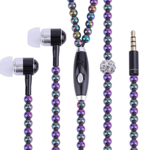 Rhinestone Jewelry Pearl Necklace Earphones With Microphone Earbuds