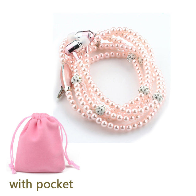 Rhinestone Jewelry Pearl Necklace Earphones With Microphone Earbuds