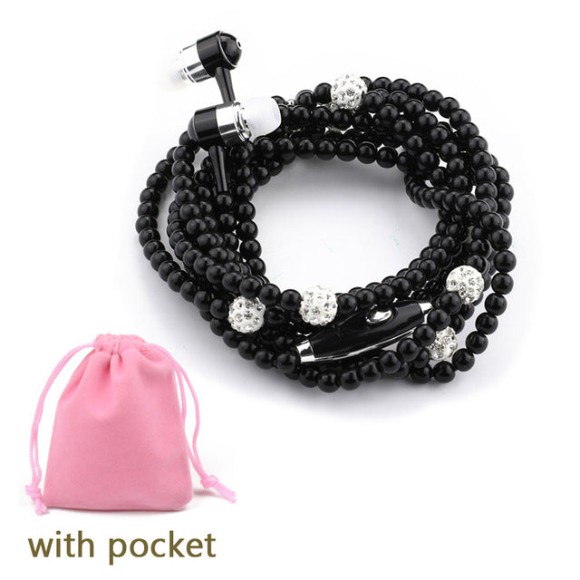 Rhinestone Jewelry Pearl Necklace Earphones With Microphone Earbuds