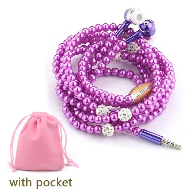 Rhinestone Jewelry Pearl Necklace Earphones With Microphone Earbuds
