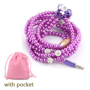 Rhinestone Jewelry Pearl Necklace Earphones With Microphone Earbuds