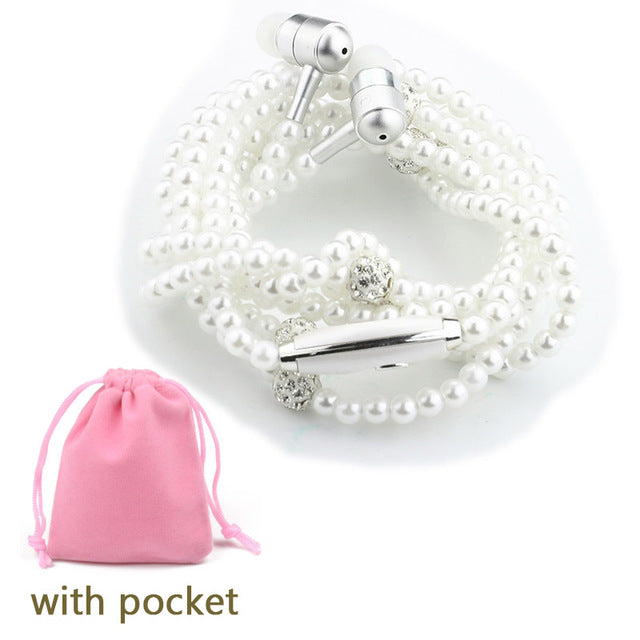 Rhinestone Jewelry Pearl Necklace Earphones With Microphone Earbuds