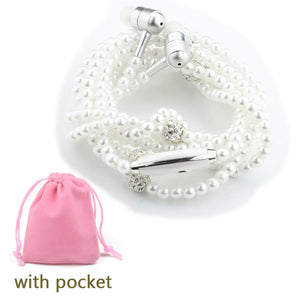 Rhinestone Jewelry Pearl Necklace Earphones With Microphone Earbuds