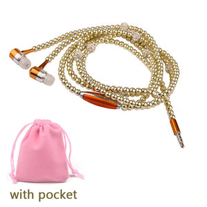 Rhinestone Jewelry Pearl Necklace Earphones With Microphone Earbuds