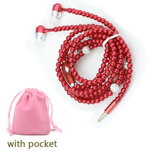 Rhinestone Jewelry Pearl Necklace Earphones With Microphone Earbuds