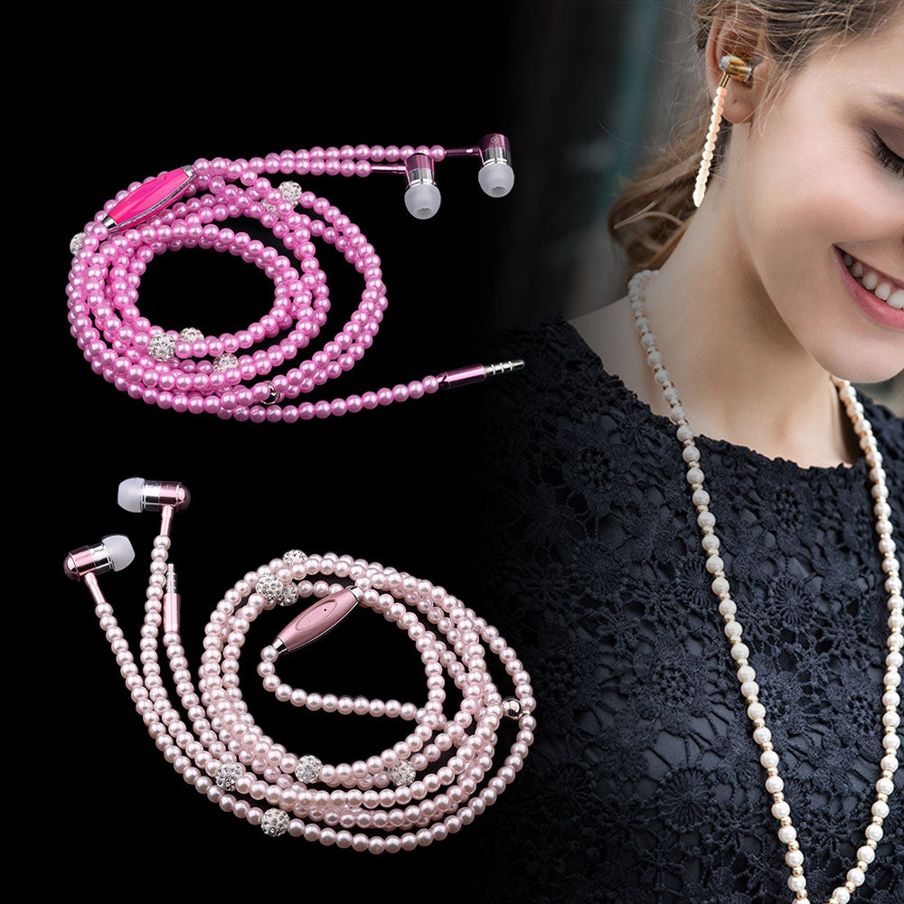 Fashion Jewelry Pearl Necklace Wired Earphone 3.5mm Pink
