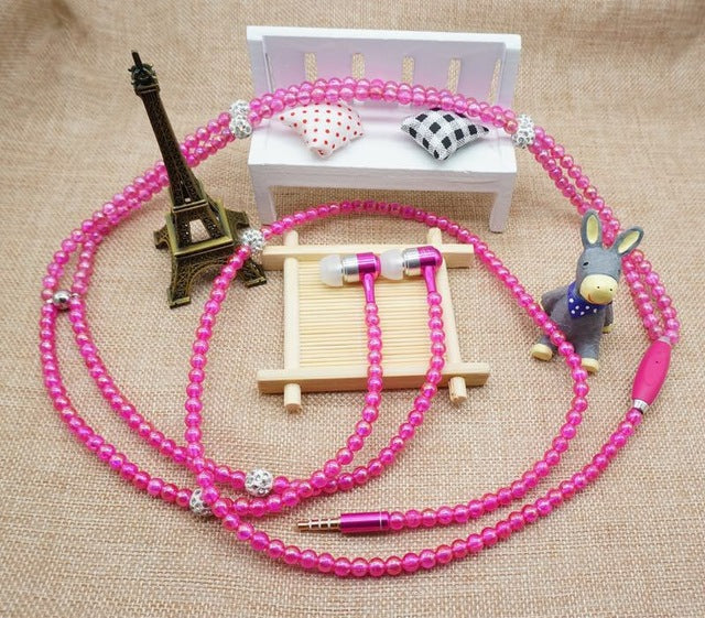 Fashion Jewelry Pearl Necklace Wired Earphone 3.5mm Pink