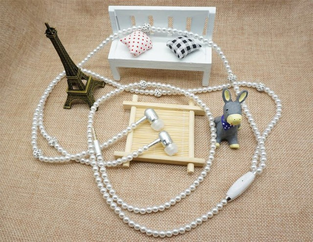 Fashion Jewelry Pearl Necklace Wired Earphone 3.5mm Pink