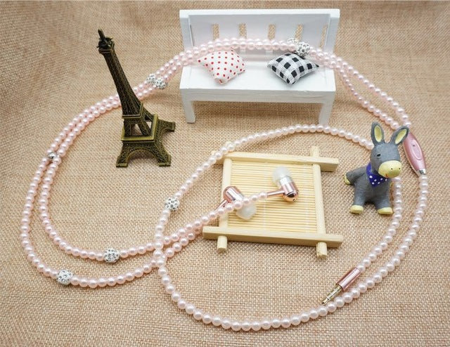 Fashion Jewelry Pearl Necklace Wired Earphone 3.5mm Pink