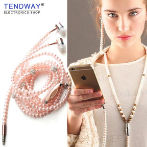 Rhinestone Jewelry Pearl Necklace Earphones With Microphone Earbuds